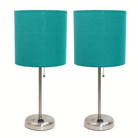 DIAMOND SPARKLE Brushed Steel Stick Table Lamp with Charging Outlet & Fabric Shade, Teal - Set of 2 DI2519789